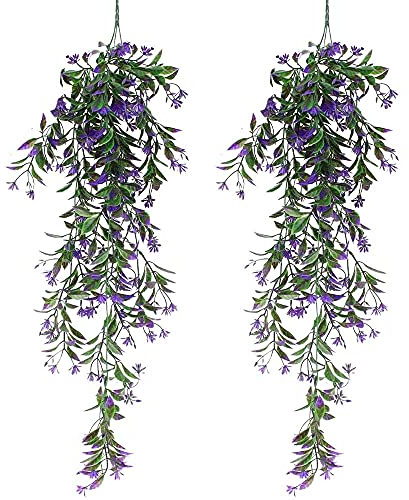 CYIOU 2Pcs Artificial Hanging Vines Plants Plastic Ferns Plants Artificial Ivy Garland Trailing Weeping Ivy Vine Drooping Plant for Balcony Porches Patio Basket Decor (Purple)