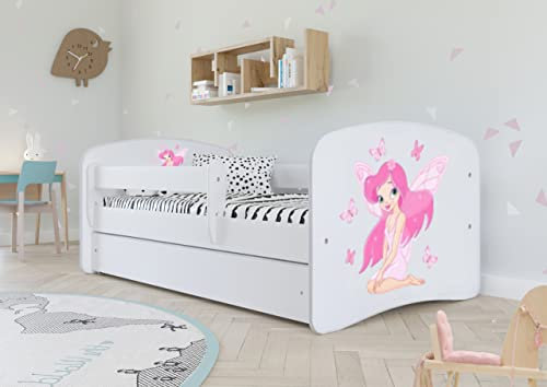 Bjird Kinderbett Jugendbett 70x140 80x160 80x180 Weiß mit Rausfallschutz Matratze Schublade und Lattenrost Kinderbetten für Mädchen und Junge - Fee mit Schmetterlingen 160 cm