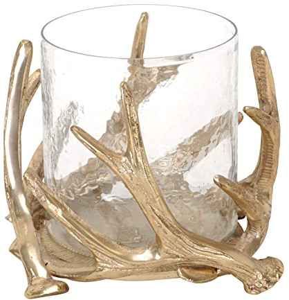 Windlicht Geweih mit Glaseinsatz Kerzenhalter Glaswindlicht Metall Gold edel Hirsch D=16 cm