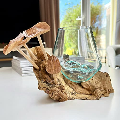 Darthome Molten Glass Bowl with Teak Root Stand & Mushrooms Decorative Candle Holder