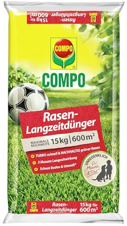 COMPO Rasendünger mit 3 Monaten Langzeitwirkung für Frühjahr und Sommer - tierfreundlich - Premium Rasen-Langzeitdünger - 15 kg für 600 m²,