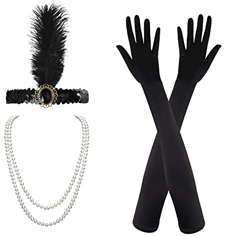 MIVAIUN 1920 Zubehör Set, 1920s Kostüm Damen Flapper Accessoires Set, Flapper Great Gatsby Accessoires Set, Stirnband Halskette Handschuhe Ohrringe, für Halloween Weihnachten Neujahr Party