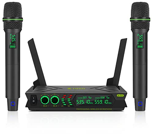 XTUGA U777 Kabelloses Mikrofonsystem, duales kabelloses Mikrofon, schnurlos, dynamisches Handmikrofon, 2 x 48 verstellbare UHF-Kanäle, 60 m für Kirche, Karaoke, Hochzeiten, Veranstaltungen
