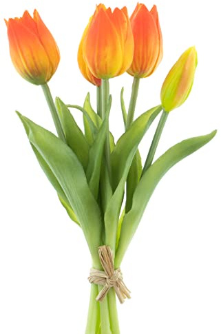 mucplants künstliche Tulpen ca. 26cm Tulpenbündel mit 3 Tulpen und 2 Tulpenknospen real Touch (Orange-rot)