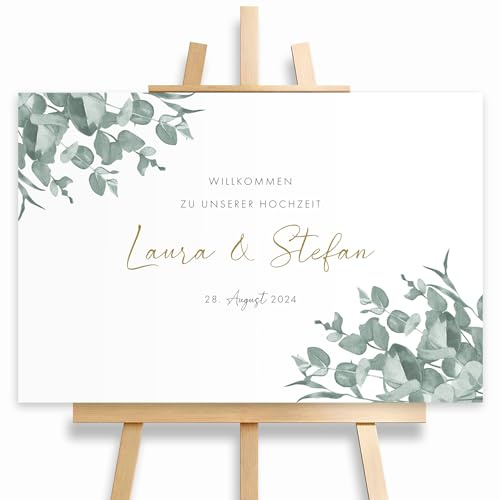 HEI Print Willkommensschild Hochzeit Eukalyptus mit Datum und Namen, personalisierte Hochzeitsdekoration, Hochzeitsdeko, Willkommen Schild, Grün, 60x40 (Poster)