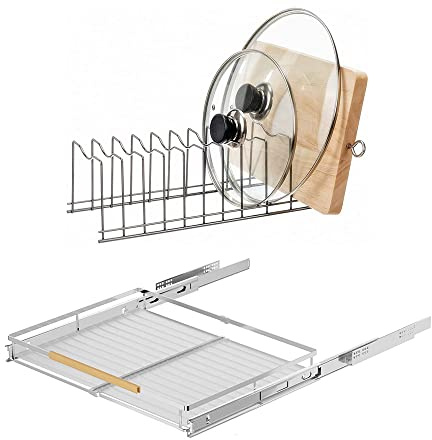 SANNO Pot Lid Organizer Pot Lid holder, Pots and Pans Organizer Drawer Plate Organizer Expandable Pull Out Drawers for Kitchen Cabinets Organizer, Sliding Shelf Under Cabinet Organizers