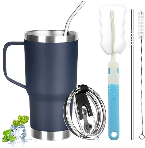 GUDEMAO 20 oz Tumbler with Handle, Stainless Steel Insulated Tumbler with Lid and Straw, Double Wall Vacuum Coffee Mug Tumbler, Insulated Coffee Thermal Cup for Cold and Hot (Navy Blue)