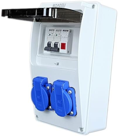 RoadEu - Distributore di corrente 230V – Quadro Elettrico 2x prese Schuko con 2 interruttori e luce di segnalazione LED rosso – Distributore di presa con interruttore C16A – Completamente cablato