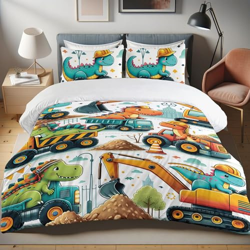 Ambesonne Dino Duvet Cover Set, Funny Cartoon of Construction Worker Dinosaur Character Truck Carts Print, Comfortable 2 Piece Bedding Set with 1 Pillow Sham, Twin Size, Green Orange Seafoam