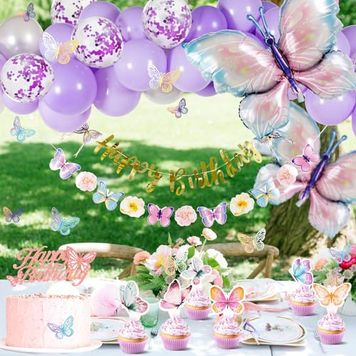 Homarkable Schmetterling Geburtstagsdeko in Lila – Partydekoration Set mit Happy Birthday Banner,Schmetterling Girlande,3D Luftballons,Tischdecke,Tischdekoration,Cupcake Deko & Aufklebern für Mädchen