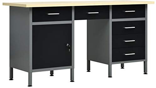 Gecheer Arbeitstisch 160 x 60 x 85 cm (L x B x H) mit 6 Schubladen 1 Schrank Höhenverstellbare Füße Werkstatt Ablagetisch Werkbank Werktisch Packtisch Schwarz 160x60x85cm Stahl