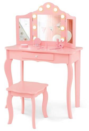 RELAX4LIFE Toeletta Trucco per Bambina con 9 Lampadine LED, 3 Colori di Luci, Specchiera Trucco con Sgabello, Toeletta in Legno, Specchio Rimovibile, per Bambini 3+ Anni (Rosa, L)