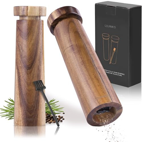 Gourmeo Salero y Pimentero Madera - Molinillo Pimienta y Sal con Ajuste de Molienda - Fácil de Rellenar y Limpiar con Cepillo - Molinillo de Pimienta y Sal de Madera de Acacia