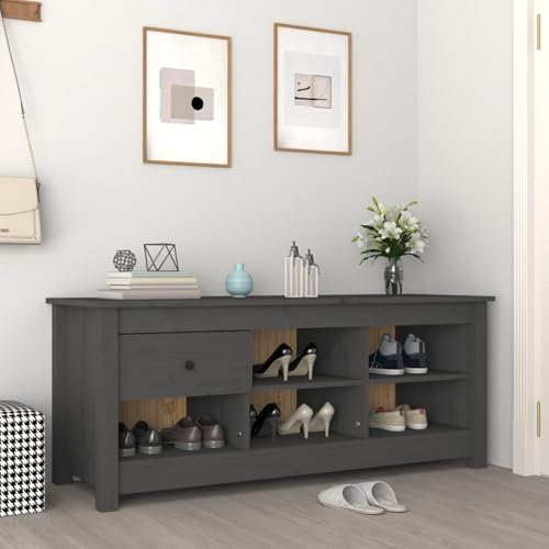JUDYY Schuhschrank, Schuhbank, Shoe Rack, Schuhe Schrank, Schuhkommode, Mehrzweckschrank, Schuhregal, Grau 110x38x45,5 cm Massivholz Kiefer