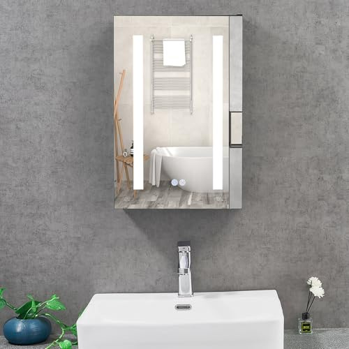 T&K LED badrumsspegelskåp, 40 x 60 cm, med belysning och avstämningsenhet med USB-uttag, väggmonterat toalettskåp i aluminium med en dörr