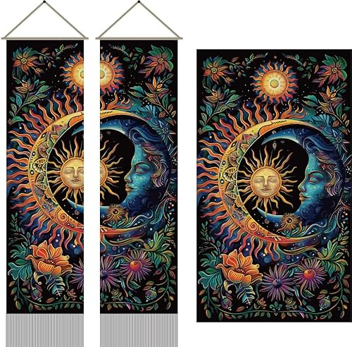 AHANDMAKER 2 x Wandteppich Mit Sonne Und Mond. Psychedelischer Mystischer Floraler Langer Vertikaler Wandteppich Vintage Pflanzen Quaste Wandteppich Mystische Ästhetischen Wandteppich (45.7x13)
