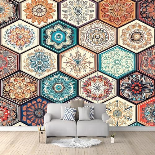 Vlies Fototapete 350 x 256 cm Foto Tapete Mandala mit Sechseckmuster Schlafzimmer Wohnzimmer Moderne Vliestapete XXL Bildtapete 3d Effekt Wand Dekoration - Weltall Dunkelgelb