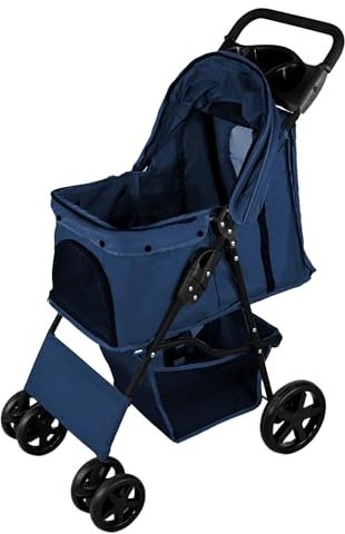 Passeggino per Animali Blu Navy Pieghevole 15kg 4 Ruote Gatto Cane Gancio di Sicurezza Cuscino Tettuccio Finestre in Rete Cestino Portabicchieri Copertura Antipioggia Impermeabile