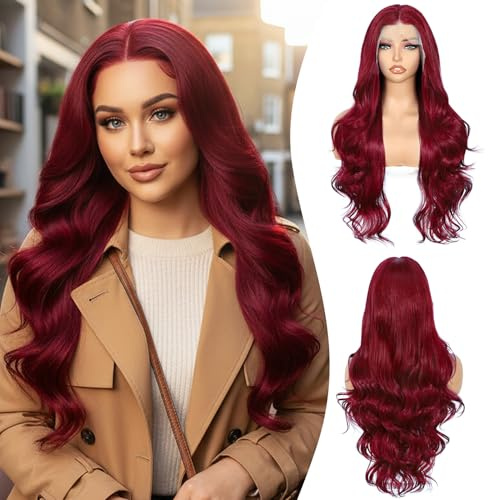 Sapphirewigs röd lace-front-peruk, syntetisk body wave-peruk med 33 × 10 cm lace front, lämplig för fester, dejter och dagligt bruk, naturligt utseende, längd: 66 cm (26 tum).