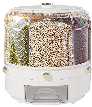 Unndysrt 360°Rotating Rice and Grain Dispenser - 6 Compartment Sealed Storage Container with One-Button Dispensing for Snacks, Candy, Coffee Beans, and Dog Food (White)