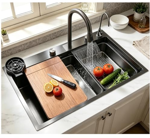 ATHOMASM Lavello da incasso in acciaio inox, 1 vasca, 85 x 50 cm, colore nero, grigio, con design a cascata, rubinetto estraibile, stazione di lavoro e scolapiatti