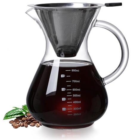 34oz Pour Over Coffee Maker with Stainless Steel Filter, Thickened Heat-Resistant Borosilicate Glass Dripper & Carafe, Stovetop Safe Hand Coffee Brewer with Handle for Home, Office, Camping (34oz)