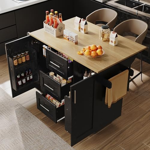 Zepneiy Îlot de Cuisine (135 × 46 × 86,6 cm) avec cloisons Amovibles, roulettes Amovibles, desserte avec établi, Plateau en similibois, avec Porte Serviettes latéral, Noir
