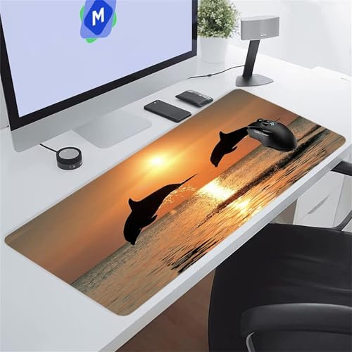 Tapis de Souris Gaming XXL 700x400x2 mm Grand Tapis de Souris de Jeu Tapis de Bureau Grande Taille avec Base Anti-érapante et Bords Cousus Extra Large Gamer Mouse Pad (Dauphin Au Coucher Soleil)