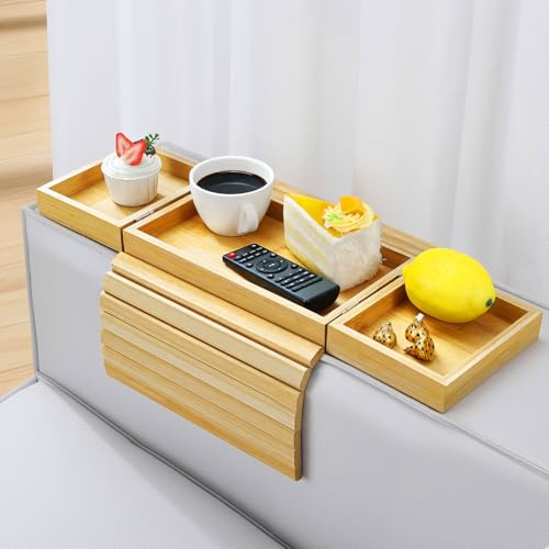 Kssiaz Bandeja de Bambú de Brazo para Sofá, Mesa Apoyabrazos de Sofá Extensible y Plegable, Organizador de Apoyabrazos Antideslizante para Bebida, Taza, Snack, Control, Fruta, Color Madera