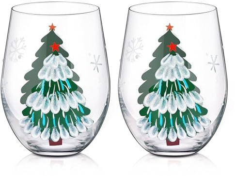 Joeyan Christmas Crystal Stemless Wine Glasses, Hand Painted Red or White Wine Glass Tumbler Cup, Large Xmas Tree Snowflakes Decorations Patterned Drinking Glasses Glassware Gifts, 560ML, Set of 2