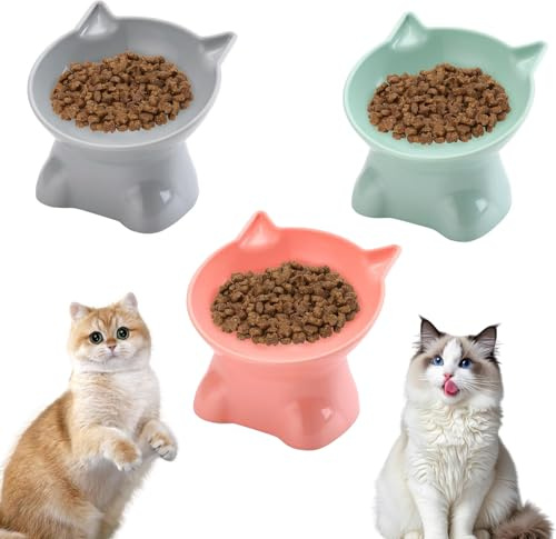 Lot de 3 gamelles surélevées pour chat avec inclinaison à 15° et support, gamelles pour chat - Protège la colonne cervicale et les animaux de compagnie