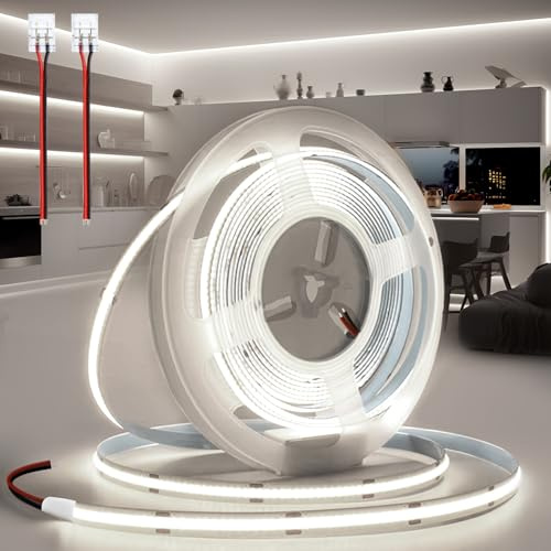 BRIMETI Luces LED COB Tira LED 24V 5M Autoadhesivo Luz Blanca Fria 6000K Luces 320LED/M Flexible Cortable Ancho 8mm Con Conector, para Dormitorio Sala Gabinete Estar (Sin Fuente de Alimentación)