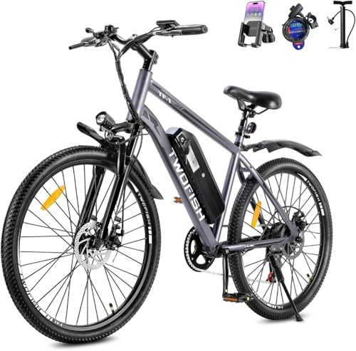 TWOFISH Electric Bike, 26 Electric Mountain Bike for Adults with 36V 15Ah Battery Max Range 100 KM 25KM/H 3 Riding Mode 7 Speed E Bike with Disc Brakes LED Display, TF-1 (Light Grey)