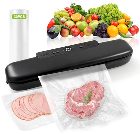 Foyucool Envasadora al Vacío Doméstica con 30 Bolsas, Negro | Máquina de Vacío para Alimentos, Sellado Simple y Automático, Perfecta para Conservación y Comida Preparada