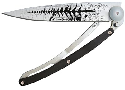 deejo – Klappbares Taschenmesser 37 g mit Gürtelclip – Griff aus Ebenholz, Klinge aus Edelstahl Z40C13 – Motiv Wald – Tischmesser, Wandern, Camping, Biwak