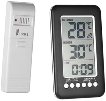 JOINPAYA Kabelloses Digitales Innen außen Thermometer mit LCD Anzeige Temperatur Zeitmessung Funkthermometer mit Reichweite Niedrigtemperaturalarm Geeignet für Zuhause Kühlschrank und