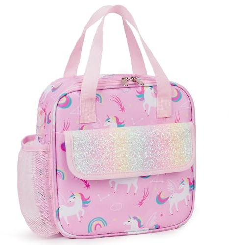 Bunnychic Caja de Almuerzo Infantil para Niñas Pequeñas, Bolsa Térmica Aislante con Correas para el Hombro, Bolsa Refrigerante Reutilizable Tipo Tote Pequeña con Porta Botella de Agua para la Escuela