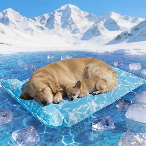 Pawtasy Kühlmatte für große Hunde mit Kissen, selbstkühlende Hundematte mit Gel, extra großes kühlendes Hundebett mit Kopfstütze, robust & langlebig – XXL 120 x 80 cm