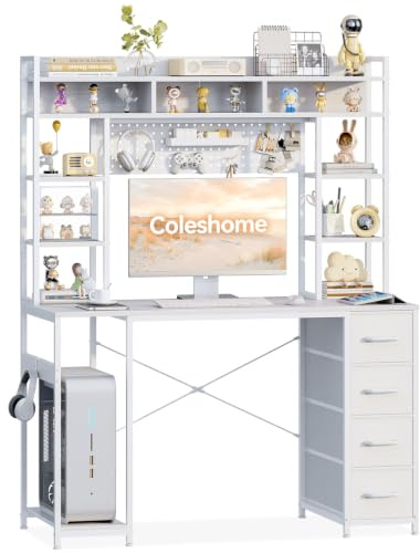 Coleshome Schreibtisch mit Lochwand und Display Regal, 120×50 cm, Weiß | Computertisch mit 4 Stoff Schubladen, PC Tisch mit Stauraum und CPU-Halterung, für Homeoffice & Arbeitszimmer