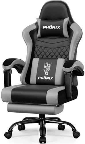 minnouat Gaming Stuhl, ergonomischer Gaming Sessel mit Fußstütze, Gamer Stuhl mit Lendenkissen & Kopfstütze, Gaming Chair mit neigbarer Rückenlehne, Bürostuhl & Gamingstuhl,150 kg, Grau