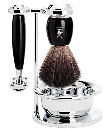 MÜHLE Vivo 4-tlg. Rasierset mit Rasierhobel, Edelharz-Griff in schwarz | Nassrasur-Set, Sicherheitsrasierer geschlossener Kamm, Rasierpinsel Black Fibre vegan, Halterung, Schale für Bart und Gesicht