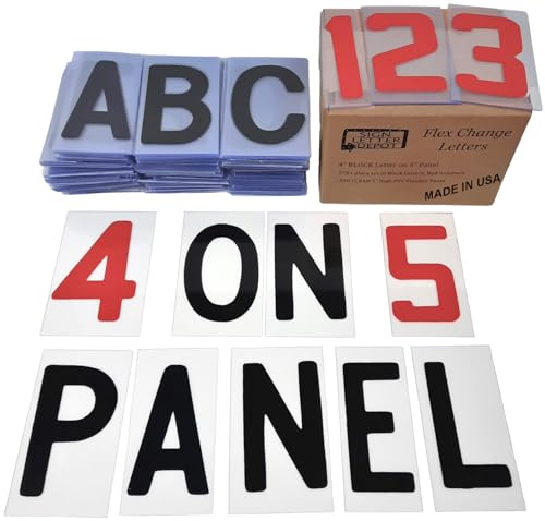 4 Flex Changeable Sign Letters on 5 Clear Panels – Black Letters & Red Numbers – Fits A-Frame, Sidewalk & Portable Signs – Made in USA