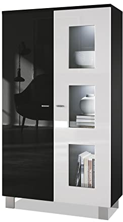 Vladon Vitrine Denjo, Made in Germany, Standvitrine mit 2 Türen und 3 Glaseinsätzen, Schwarz matt/Schwarz Hochglanz/Weiß Hochglanz inkl. LED-Beleuchtung (71 x 129 x 35 cm)