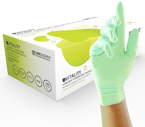 Unigloves Vitality Latex Mint GD0011 Examination - Multipurpose, Scented, Powder Free Disposable Gloves, Box of 100 Gloves, Green, Extra Small | Scented, Powder Free, Examination Gloves - Box of 100 Gloves, Green, Extra Small (GD0011)