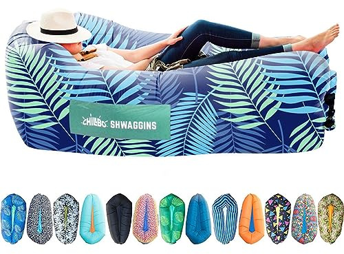 Chillbo Orsen - Divano Gonfiabile Impermeabile, con Borsa per Il Trasporto e Cuscino Integrato per Interni o Esterni (A Blue Leaf)