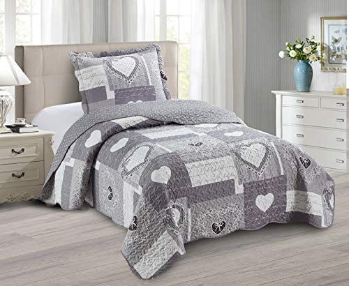 Brilliant Sunshine Grey Heart Love Patchwork, 2-teiliges Steppdecken-Set mit 1 Kissenbezug, wendbare Tagesdecke, weiche leichte Decke, Ganzjahresdecke, Doppelbett, Grau