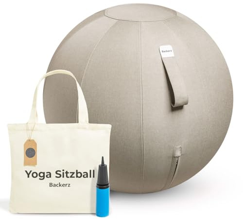 Backerz Sedia Palla Ufficio 65cm - Fitball PVC Anti-Scoppio con pompa, Palla Fitness 110 kg portata Palla Ginnastica con rivestimento in lino per tonificazione, e postura corretta - Beige