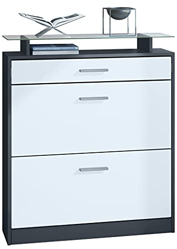 Vladon Schuhschrank Loret, Schuhkipper für 16 Paar Schuhe mit 2 Klappen, 1 Schublade und Glasablage, Anthrazit matt/Weiß matt, (89 x 104 x 23 cm).