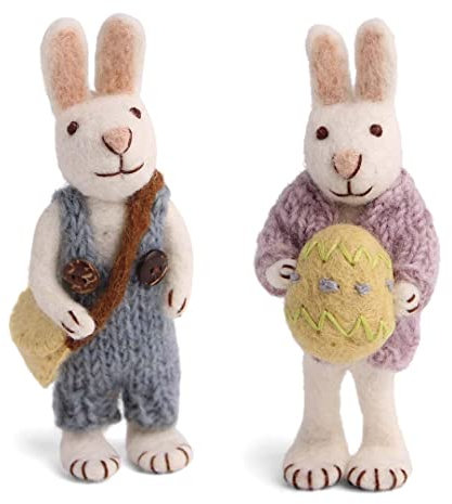 Gry & SIF Osterhasen Figuren klein zum Aufhängen oder Hinstellen, aufwendige Handarbeit mit vielen Details, Fairtrade, Osterdeko aus Filz | 1x Deko Häschen mit Tasche und Osterei, 15 cm