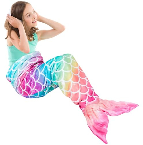 WERNNSAI Mermaid Tail Blanket for Kids – Plush Wearable Blanket for Girls Teens, Soft Flannel Snuggle Sleeping Bag, Mermaid Scale Birthday for Girls (55 x 24, Rainbow)